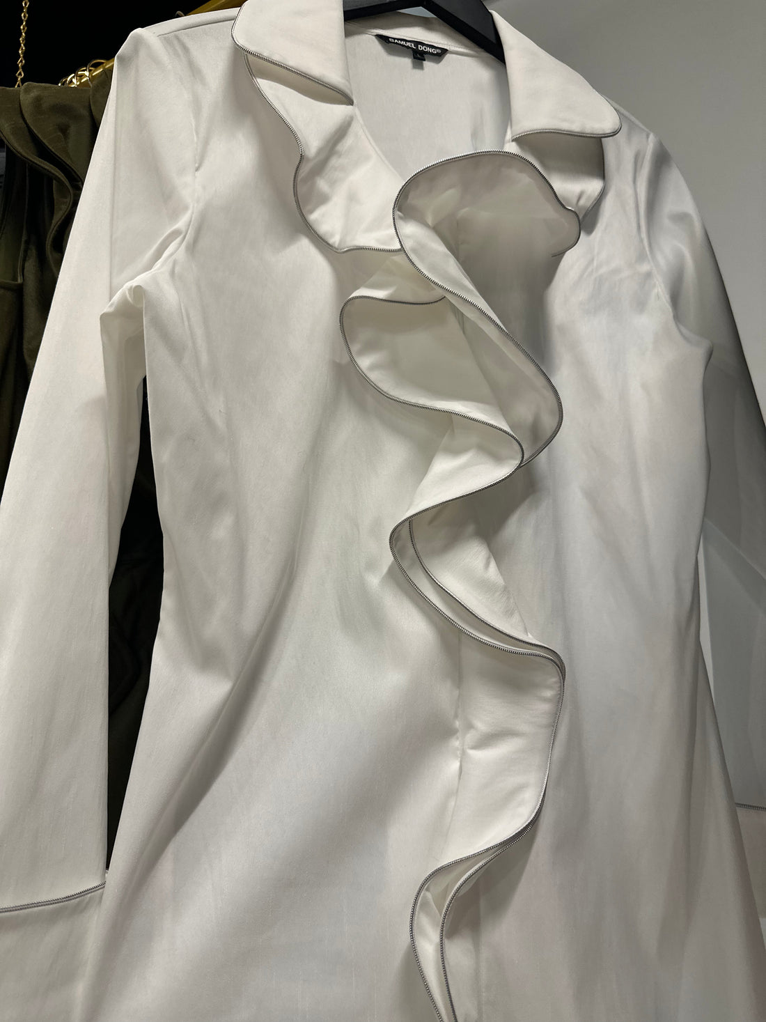 Samuel Dong Ruffle Front Coat White with Silver Trim