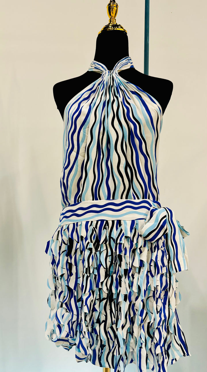 Dianne von Furstenberg Printed Halter Neck Ruffle Dress White Blue Black Stripe Silk Dress