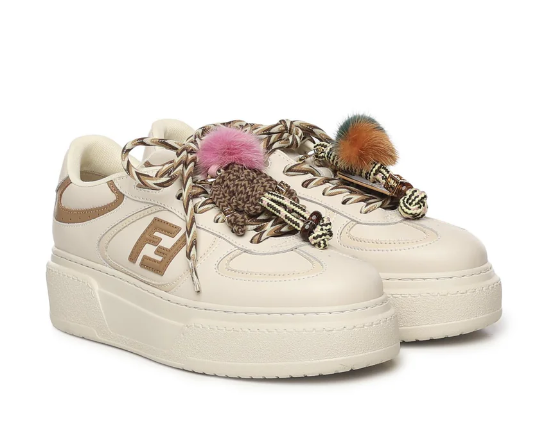 Fendi Match Platform Sneakers White Leather with FF Charm & Mink Pom Pom Size 7 New