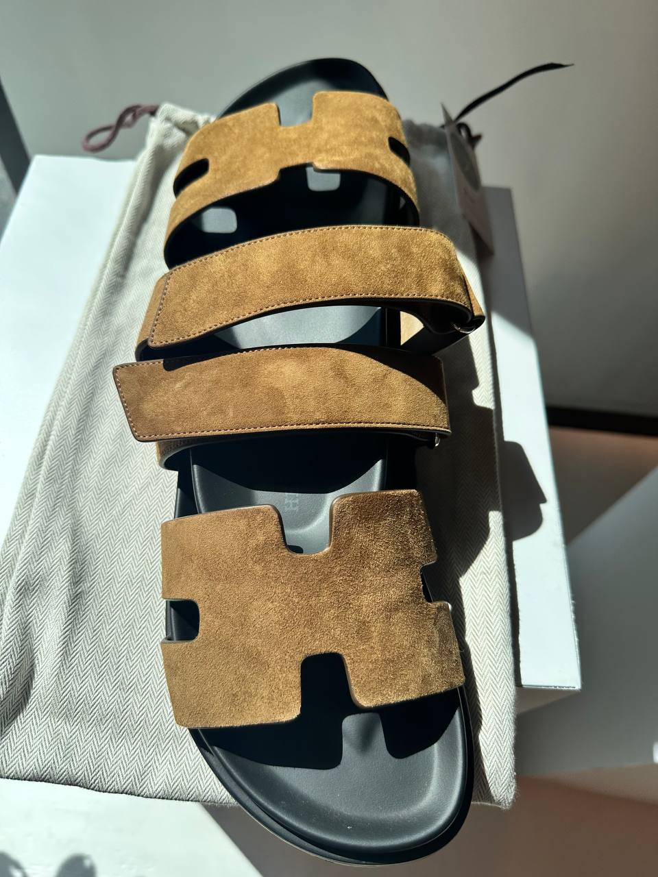 Hermès Chypre Sandals Suede Gold with Black Sole Size 11.5 M