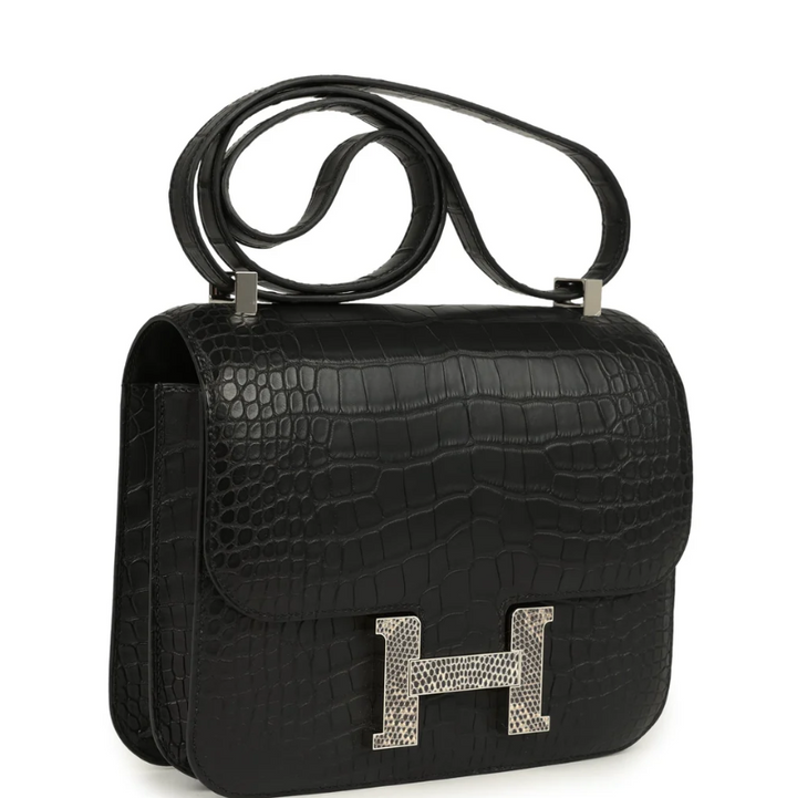Hermès Mini Constance 18 Matte Black Alligator with Ombré Lizard Buckle & Palladium Hardware