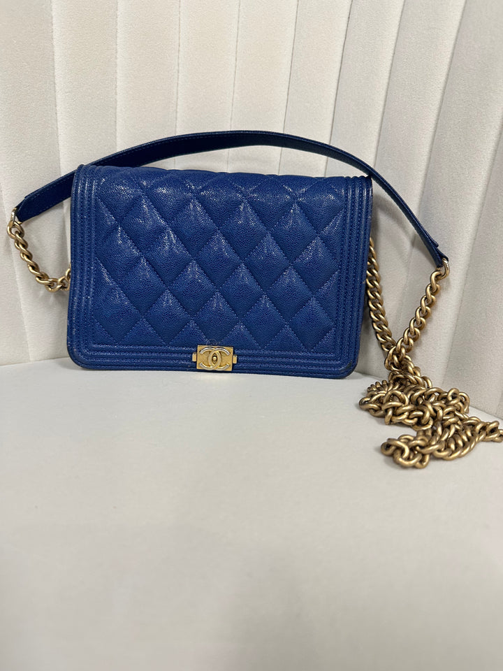 Chanel Boy Wallet on Chain Quilted Caviar Leather Blue with Gold Hardware