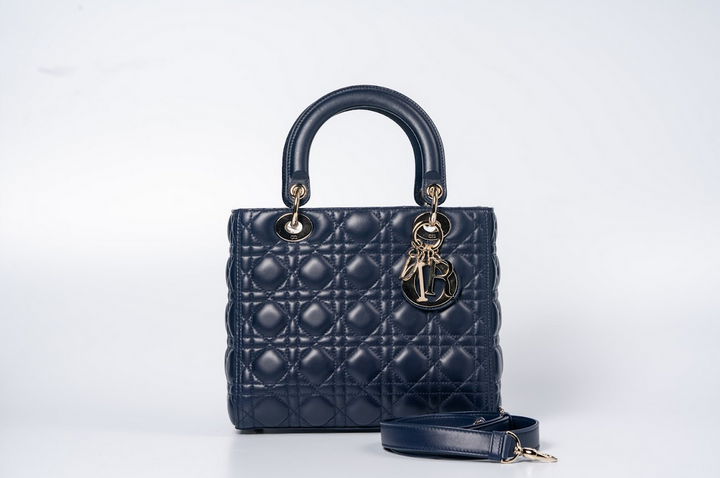 Christian Dior Lady Dior Medium Cannage Lambskin Navy Blue with Gold Hardware