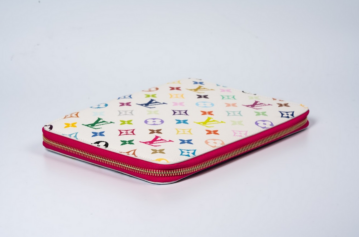 Louis Vuitton x Takashi Murakami Monogram Multicolor Zipped Document Holder White with Fuchsia Interior and Gold Hardware