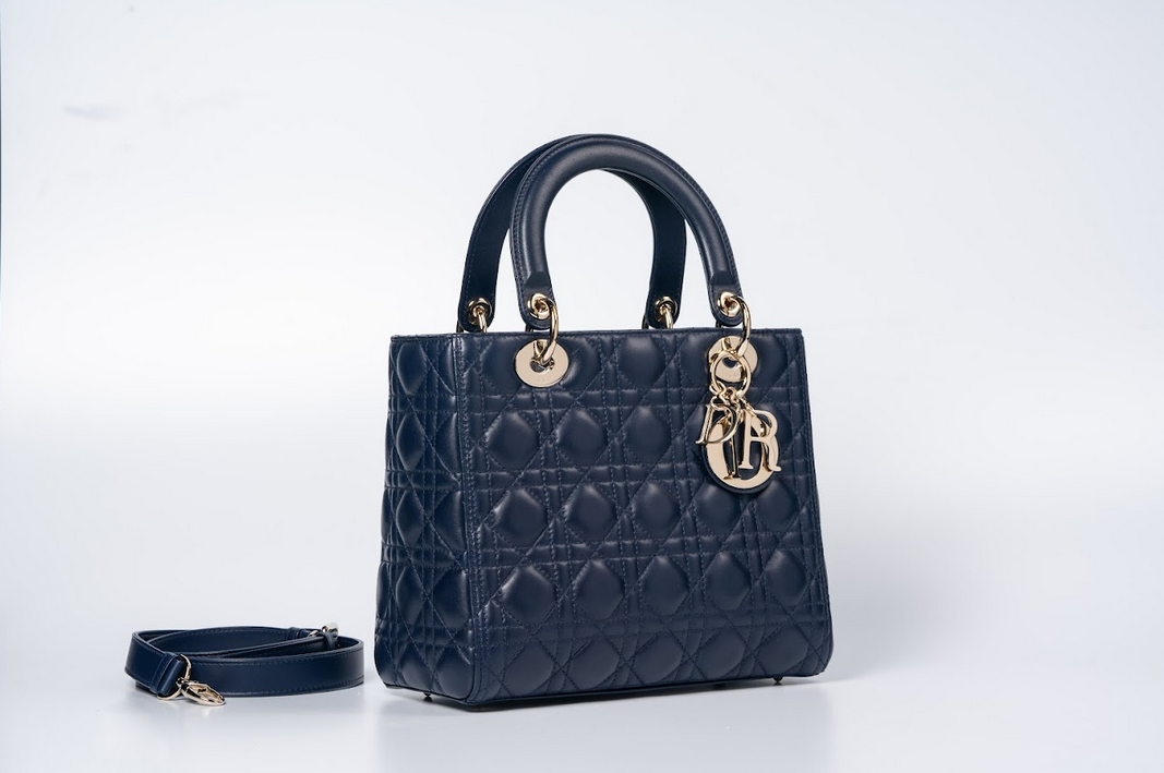Christian Dior Lady Dior Medium Cannage Lambskin Navy Blue with Gold Hardware
