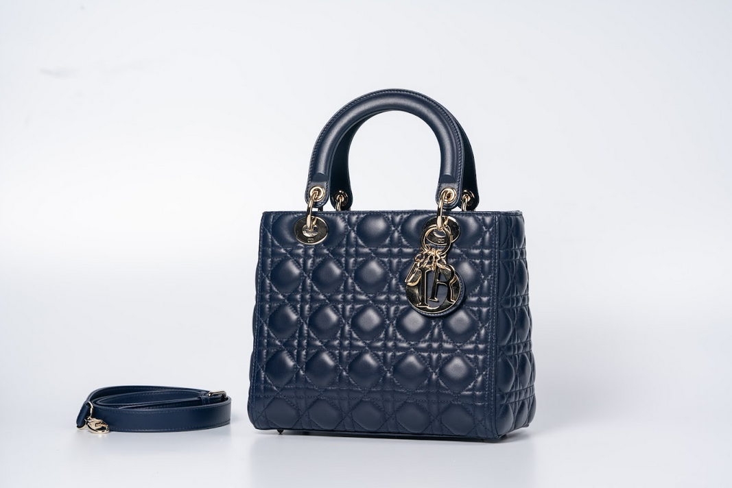 Christian Dior Lady Dior Medium Cannage Lambskin Navy Blue with Gold Hardware