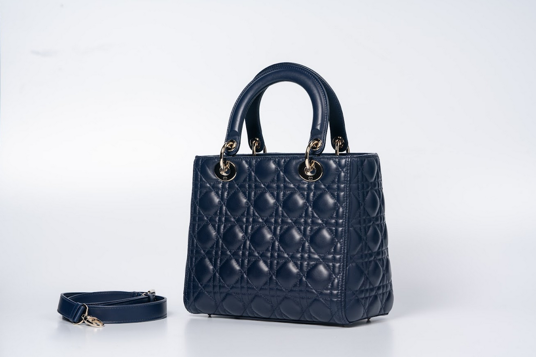 Christian Dior Lady Dior Medium Cannage Lambskin Navy Blue with Gold Hardware