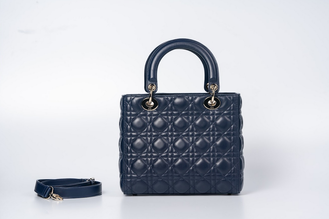 Christian Dior Lady Dior Medium Cannage Lambskin Navy Blue with Gold Hardware