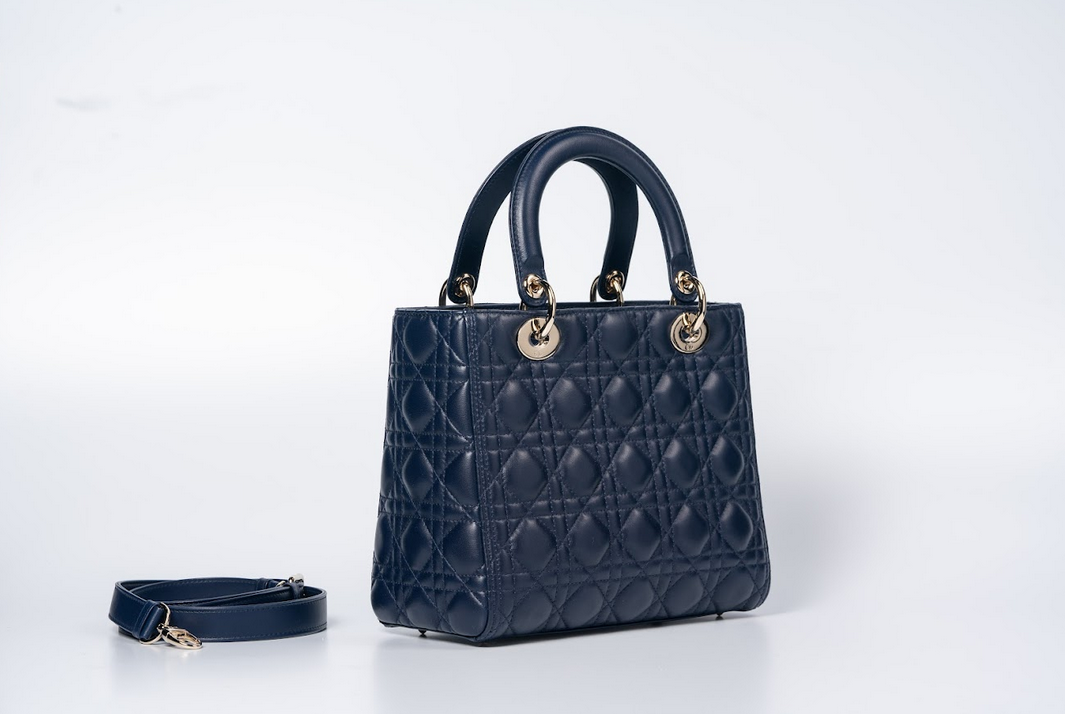 Christian Dior Lady Dior Medium Cannage Lambskin Navy Blue with Gold Hardware