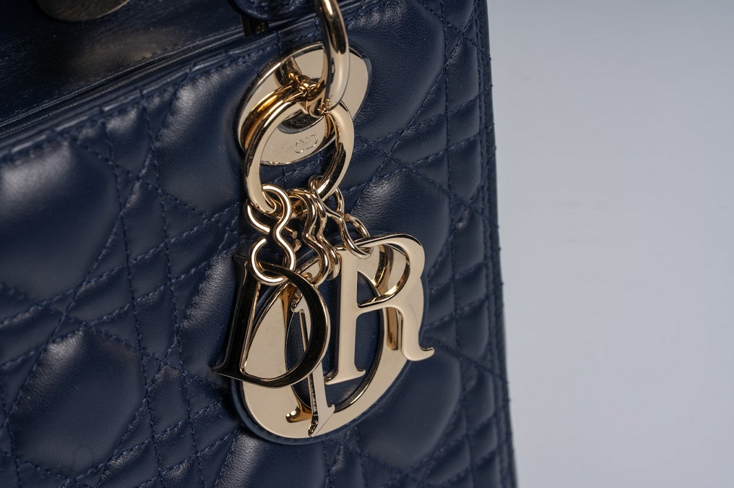 Christian Dior Lady Dior Medium Cannage Lambskin Navy Blue with Gold Hardware