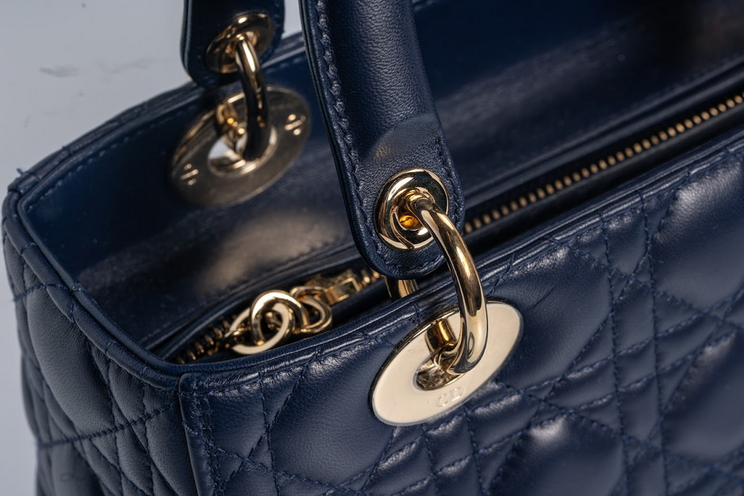 Christian Dior Lady Dior Medium Cannage Lambskin Navy Blue with Gold Hardware
