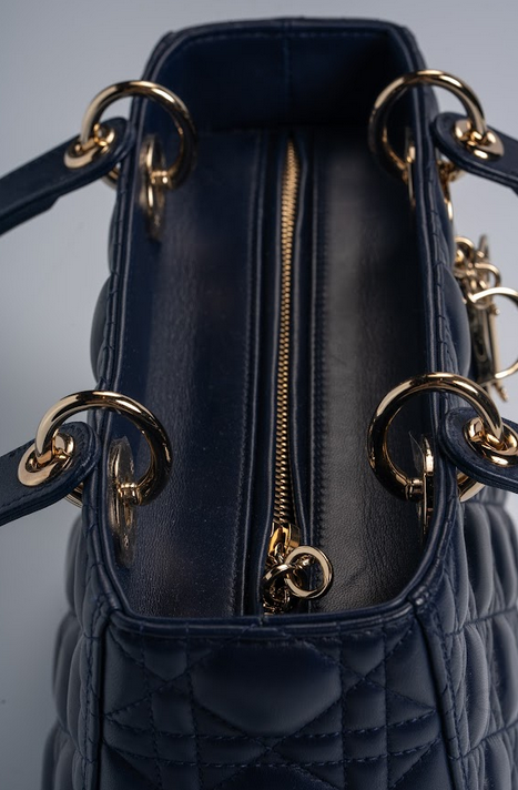 Christian Dior Lady Dior Medium Cannage Lambskin Navy Blue with Gold Hardware
