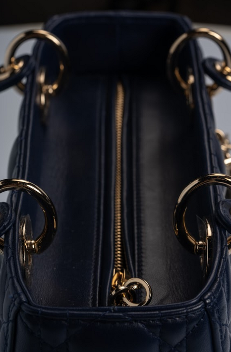Christian Dior Lady Dior Medium Cannage Lambskin Navy Blue with Gold Hardware