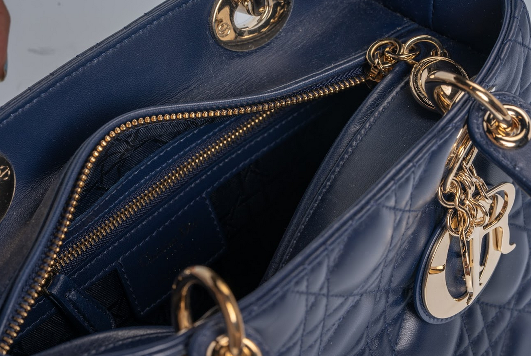 Christian Dior Lady Dior Medium Cannage Lambskin Navy Blue with Gold Hardware