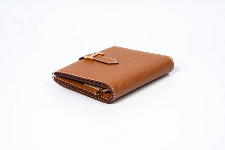 Hermes Bearn Compact Wallet Gold Epsom with Gold Hardware