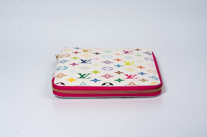 Louis Vuitton x Takashi Murakami Monogram Multicolor Zipped Document Holder White with Fuchsia Interior and Gold Hardware