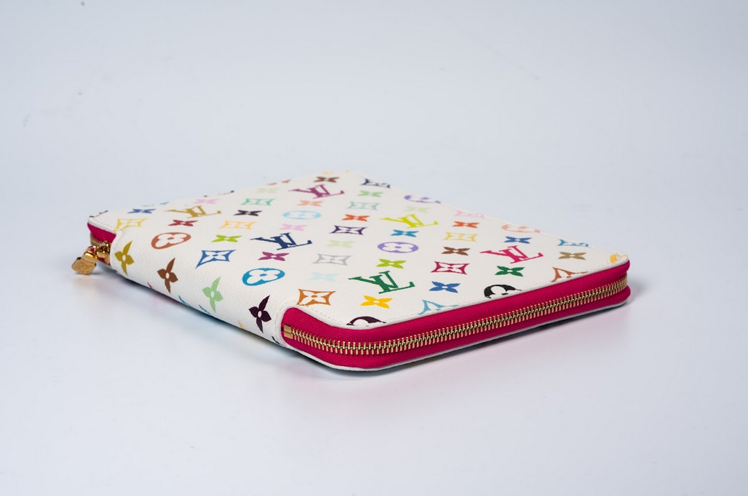 Louis Vuitton x Takashi Murakami Monogram Multicolor Zipped Document Holder White with Fuchsia Interior and Gold Hardware