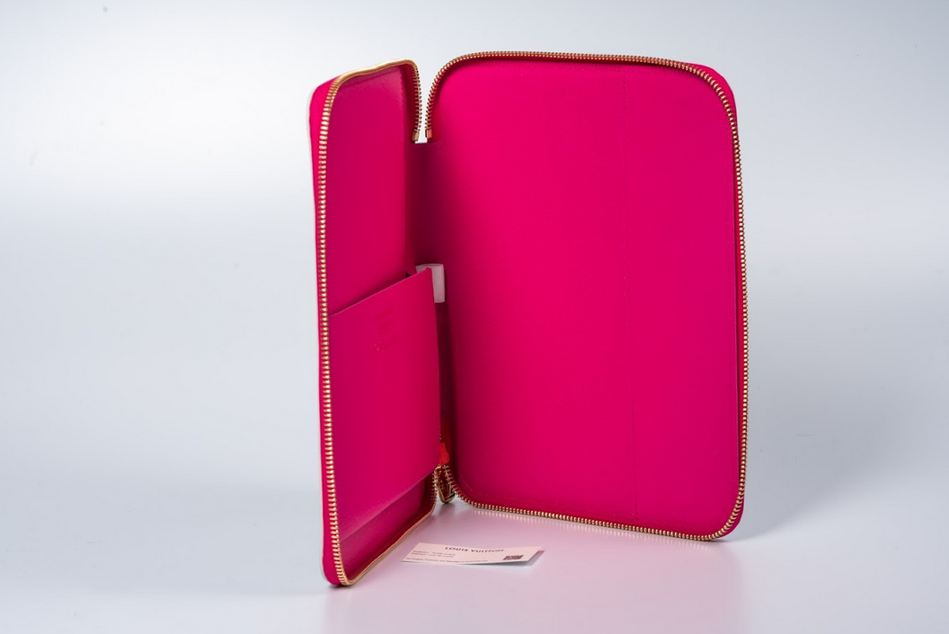 Louis Vuitton x Takashi Murakami Monogram Multicolor Zipped Document Holder White with Fuchsia Interior and Gold Hardware