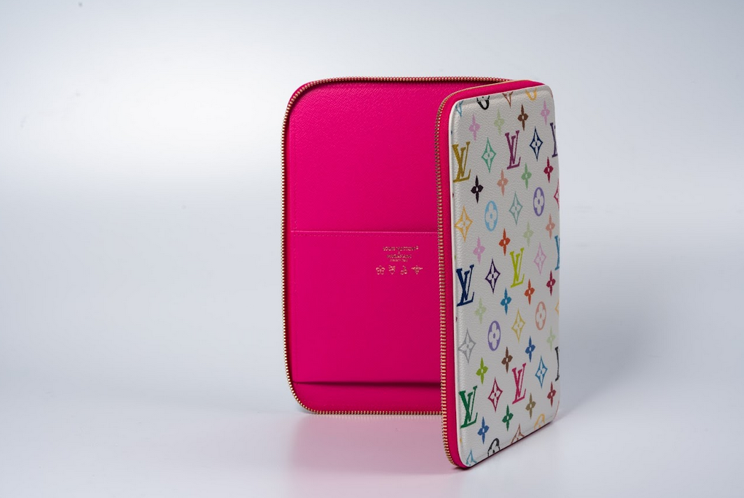 Louis Vuitton x Takashi Murakami Monogram Multicolor Zipped Document Holder White with Fuchsia Interior and Gold Hardware